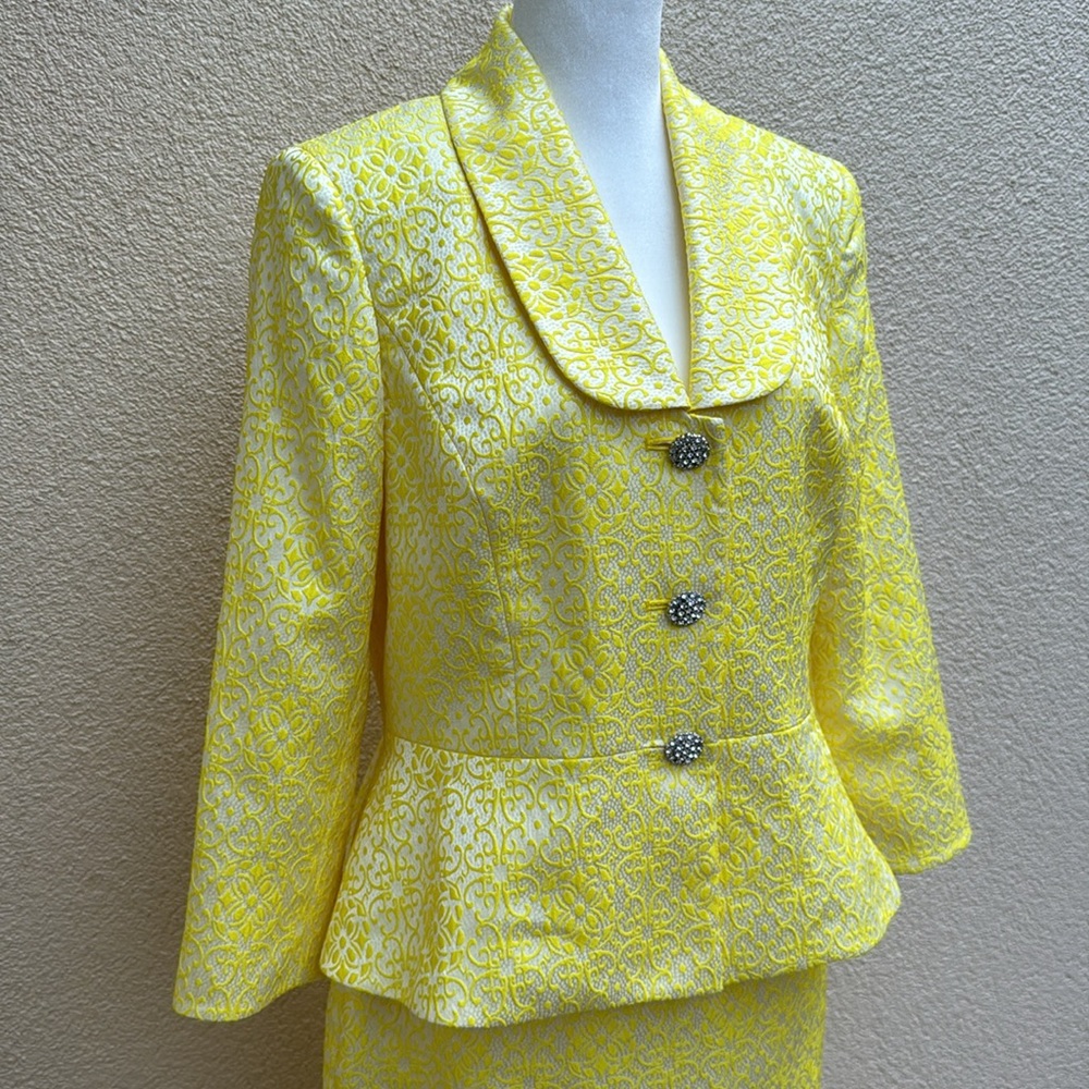 Albert Nipon Floral Jacquard Jacket w/ Pencil Skirt, Yellow/White - Picture 3 of 10